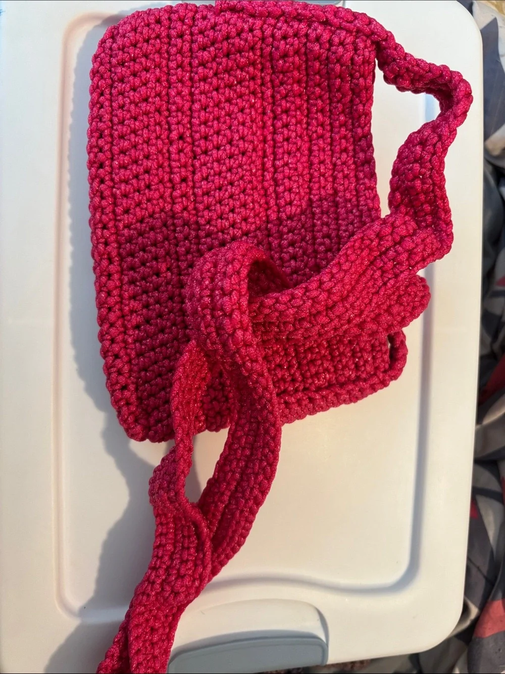 Handmade Kids Crochet Crossbody Bag - Hot Pink with Smiley Accent